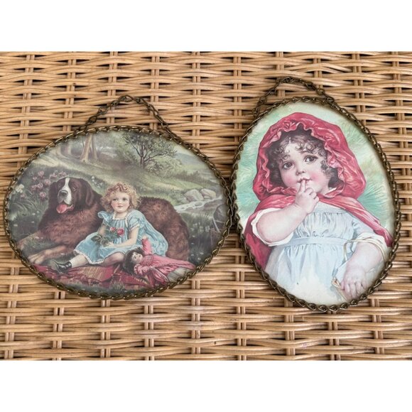 Vintage 80's Pair Victorian Girls, St Bernard Dog Brass Chain Frame Wall Decor - Picture 1 of 13